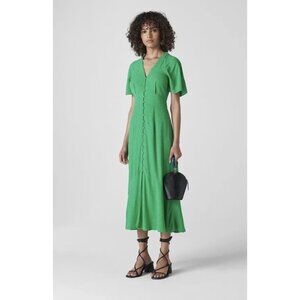 WHISTLES Micro Spot Button Maxi Dress in Green Polka Dot Preppy Flowy Cottage